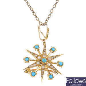 An early 20th century 15ct gold turquoise and split pearl pendant, with chain.