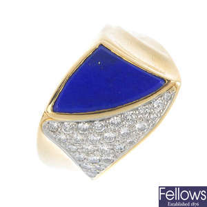 An 18ct gold lapis lazuli and diamond dress ring.