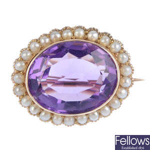 An early 20th century 9ct gold amethyst and pearl brooch.
