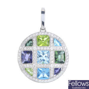 A diamond and multi-gem pendant.