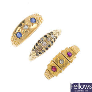 Three early 20th century 18ct gold diamond gem-set rings.