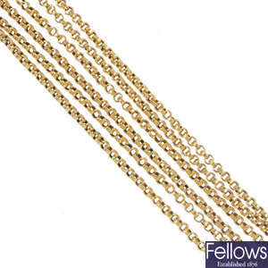 An early 20th century gold longuard chain, AF.