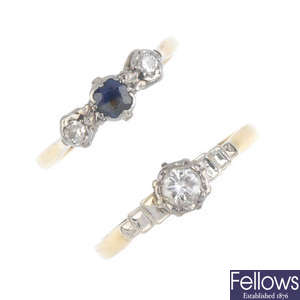 Two mid 20th century platinum and 18ct gold diamond and sapphire rings.