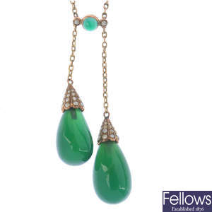 An early 20th century chrysoprase and split pearl negligee necklace.