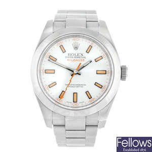 ROLEX - a gentleman's stainless steel Oyster Perpetual Milgauss bracelet watch.
