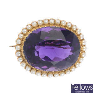 A late Victorian 15ct gold, amethyst and split pearl brooch.