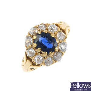 A late Victorian gold, sapphire and diamond cluster ring.