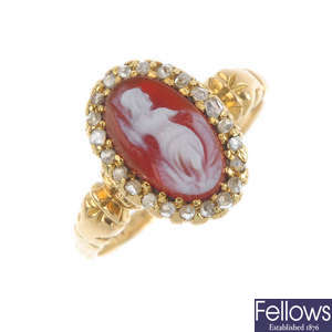 A late Victorian gold, hardstone cameo and diamond ring.