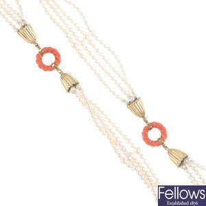 A coral and cultured pearl necklace and earring set.
