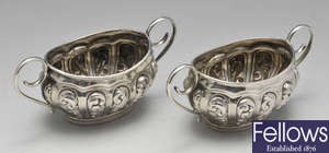 A pair of Edwardian silver salts, plus two silver bonbon dishes and a selection of silver plated items.