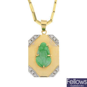 A jade and diamond pendant, with chain.