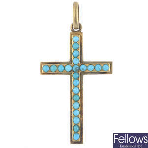 A late Victorian gold turquoise cross pendant, circa 1880.