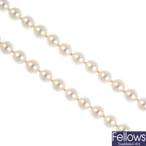A cultured pearl two-row necklace, with sapphire clasp.
