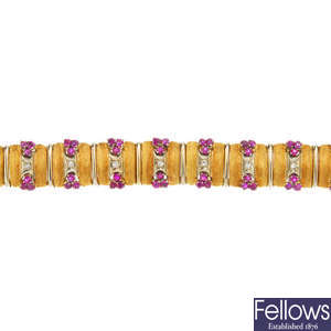 A 1950s 18ct gold ruby and diamond bracelet.