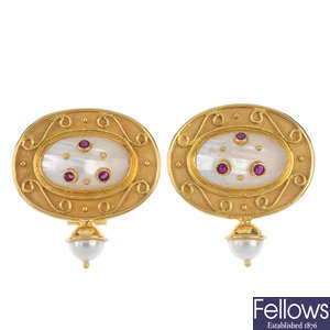 A pair of mother-of-pearl, ruby and imitation pearl earrings.