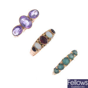 A selection of three late Victorian gold gem-set rings, circa 1880.