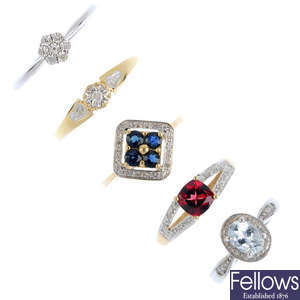 Five 9ct gold diamond and gem-set rings.