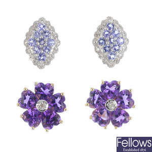 Two pairs of 9ct gold diamond and gem-set earrings.