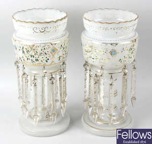 A pair of late 19th century opaque white glass table lustres.