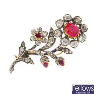 A spinel, diamond and ruby floral spray brooch.
