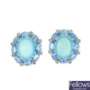 A pair of dyed chalcedony, topaz and diamond earrings.