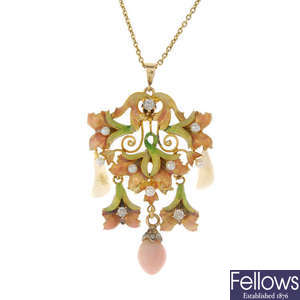 An early 20th century enamel, diamond and gem-set floral pendant.