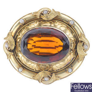 A late Victorian gold, citrine and split pearl brooch.