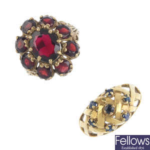 Two 1970s 9ct gold gem-set dress rings.