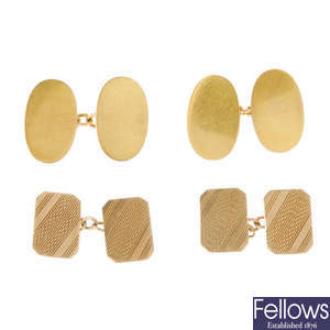 Two of pairs of early 20th century 9ct gold cufflinks.
