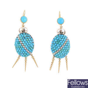 A pair of turquoise and split pearl earrings. 