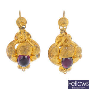 A pair of late Victorian gold garnet ear pendants.
