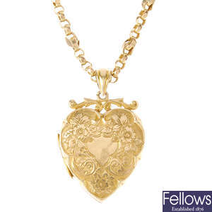 An early 20th century 9ct gold heart locket, with late Victorian 9ct gold chain.