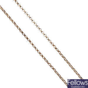 An early 20th century 9ct gold long guard chain.