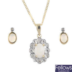 A 9ct gold opal and diamond pendant, with chain and earrings.