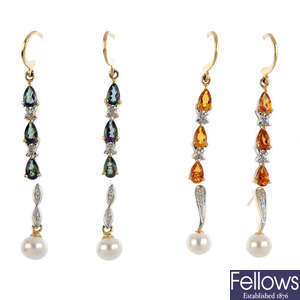 Four pairs of diamond and gem-set earrings.