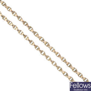 A late 19th century 9ct gold longuard chain.