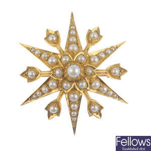 A late Victorian gold split pearl star brooch, circa 1880.