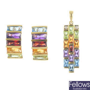 A pair of multi-gem earrings and pendant.