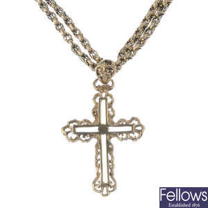 A 9ct gold cross pendant, with an early 20th century 9ct gold chain.