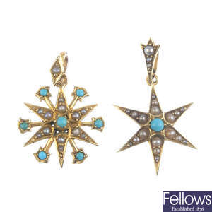 Two early 20th century 15ct gold split pearl and turquoise star pendants.