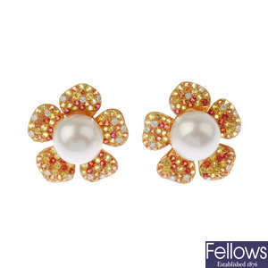 A pair of 18ct gold cultured pearl, diamond and gem-set floral earrings.