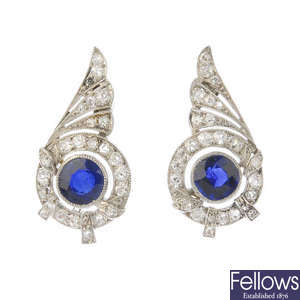A pair of Art Deco platinum, sapphire and diamond earrings.