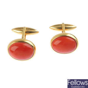 A pair of 18ct gold coral cufflinks.