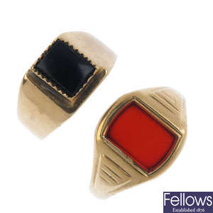 Two 9ct gold hardstone rings.  