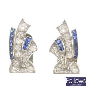 A pair of mid 20th century sapphire and diamond earrings.
