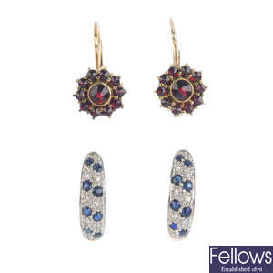 Eight pairs of gem-set earrings.
