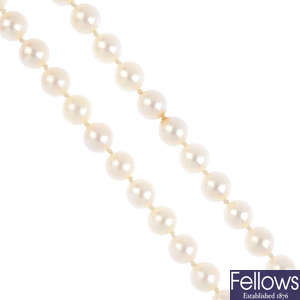 A cultured pearl single-row necklace, with diamond clasp.