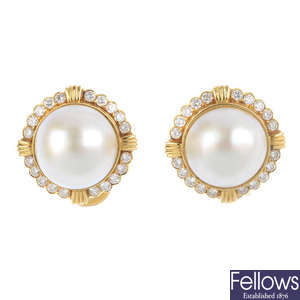 A pair of 18ct gold mabe pearl and diamond earrings.
