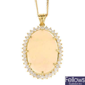 An 18ct gold opal and diamond cluster pendant, with 9ct gold chain.