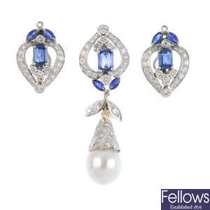A set of sapphire, diamond and South Sea cultured pearl jewellery.